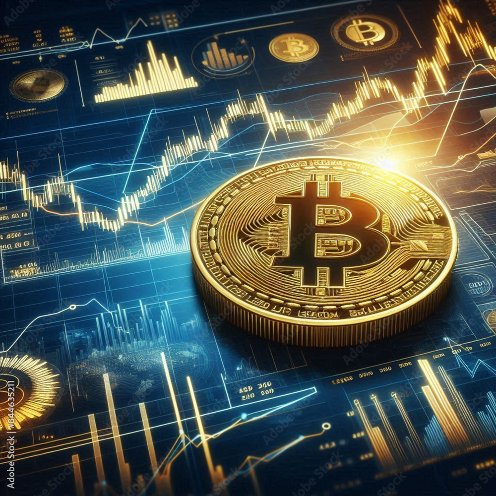 Gold Bitcoin cryptocurrency on background of chart diagram Gold Bitcoin cryptocurrency on background of chart diagram