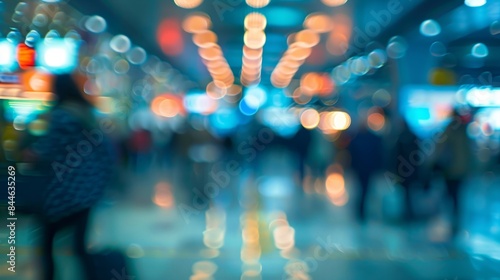 In this defocused image the bustling atmosphere of an airport terminal is softened into a blur of lights and colors. Passersby can be seen in various stages of their journey chatting .