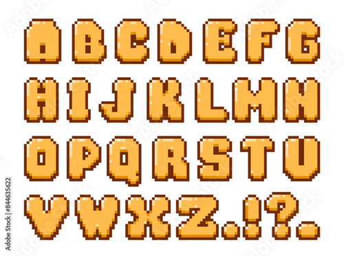 Retro pixel font. 8 bit old school video game alphabet, geometric minimal geometric typeface with numbers and punctuation. Vector isolated set