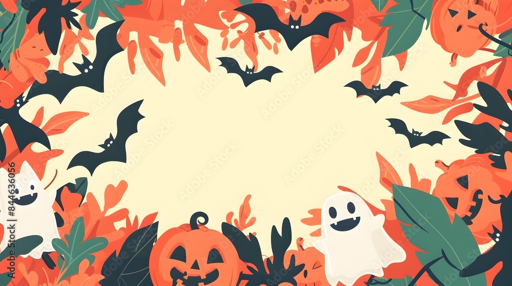 Autumn Spooky Halloween Scene with Pumpkins Bats and Leaves in Warm Fall Colors Autumn Spooky Halloween Scene with Pumpkins Bats and Leaves in Warm Fall Colors