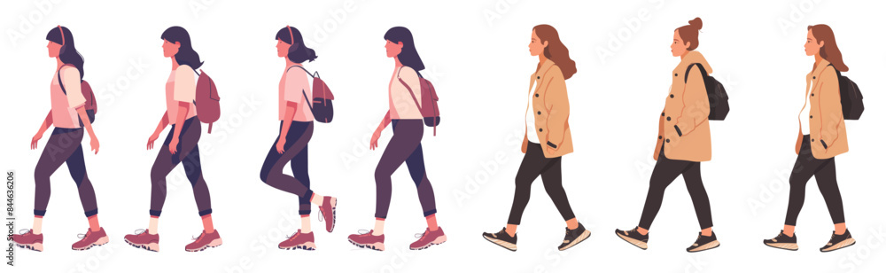 Female figure profile walking. Phases of gait movement. Pedestrian side view. Modern illustrations isolated on white. Female figure profile walking. Phases of gait movement. Pedestrian side view. Modern illustrations isolated on white.
