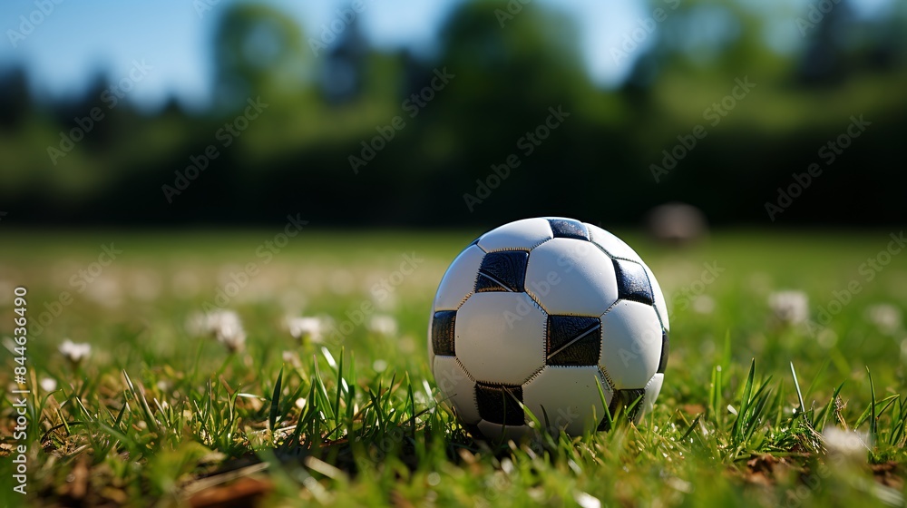 Fototapeta premium A classic black and white soccer ball rests at the center of a vast, empty soccer field.