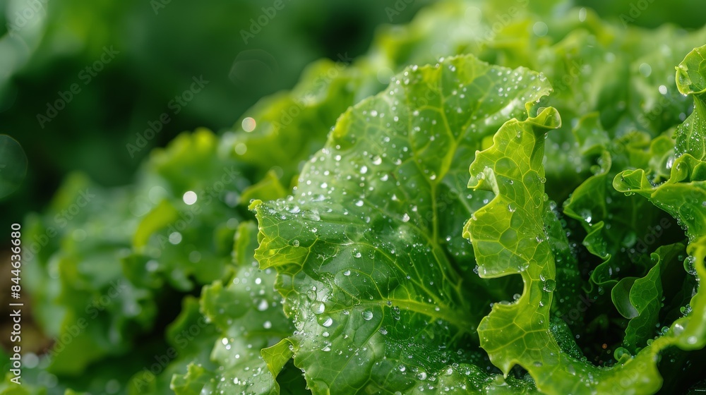 A lettuce leaves with dewdrops, set against a lush green background A lettuce leaves with dewdrops, set against a lush green background