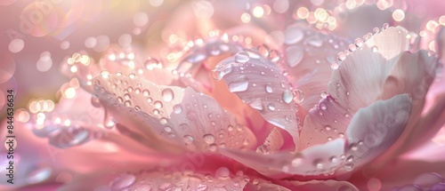 Beautiful transparent drops of water or dew with sun glare on petal of pink peony flower, macro. Gentle artistic image of purity and beauty of nature