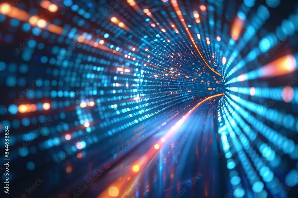 Abstract representation of high-speed technology blue and white streaks race through a digital tunnel symbolizing efficient internet and data processing. Abstract representation of high-speed technology blue and white streaks race through a digital tunnel symbolizing efficient internet and data processing.
