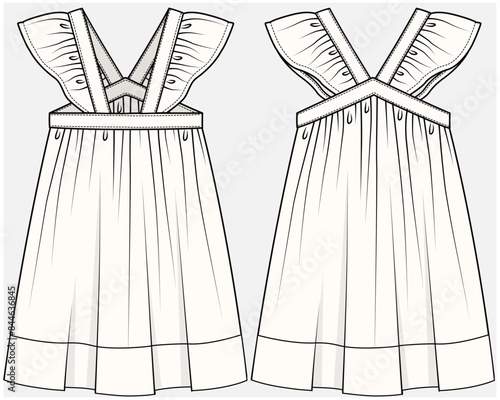 BUTTERFLY FRILL SLEEVES DRESS WITH LACE DETAIL DESIGNED FOR TEEN AND KID GIRLS IN VECTOR FILE