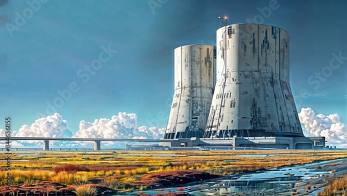 A striking illustration of a futuristic nuclear power plant with towering cylindrical structures against a vibrant blue sky and golden fields.