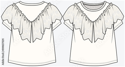 CAP SLEEVES DROP SHOULDER KNIT TOP WITH CHEVRON FRILLED LACE DETAIL DESIGNED FOR TEEN GIRLS AND KID GIRLS IN VECTOR