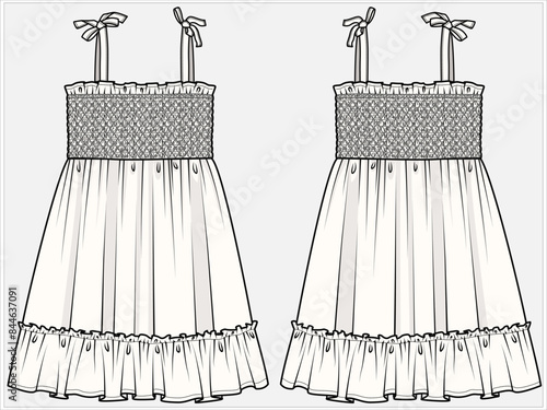SMOCKING DETAILED SUNDRESS WITH FRILL DESIGNED FOR TEEN AND KID GIRLS IN VECTOR FILE