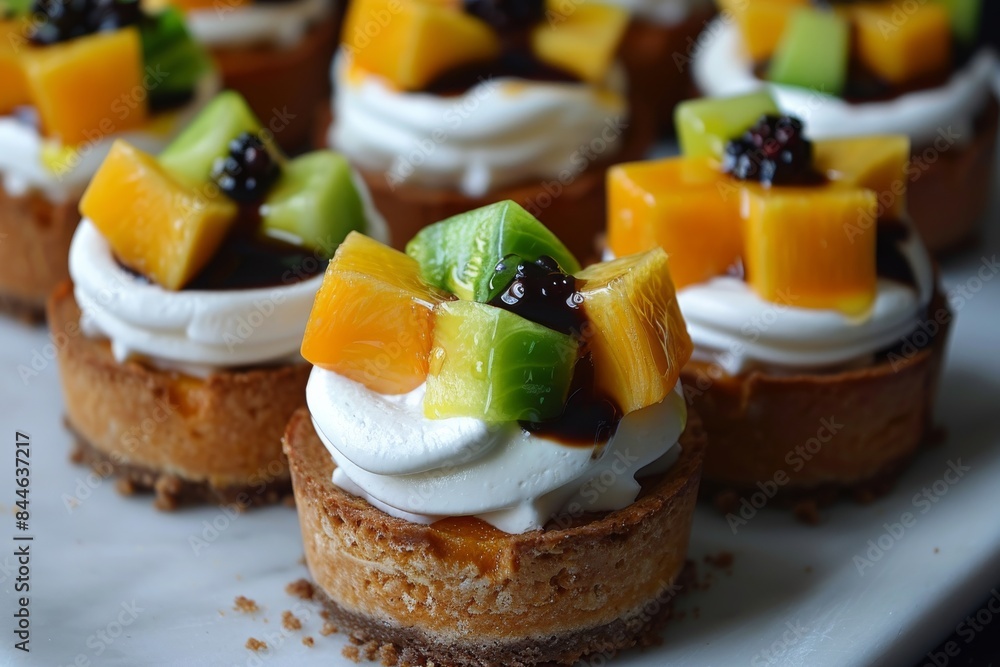 Mini fruit tarts with kiwi, mango, and berries, served on a white plate for a colorful and delicious dessert option Mini fruit tarts with kiwi, mango, and berries, served on a white plate for a colorful and delicious dessert option