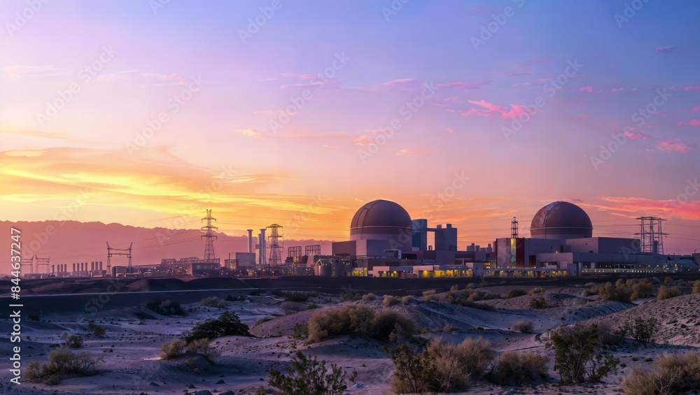Obraz premium Breathtaking sunset over a nuclear power plant in the desert, with cooling towers glowing in warm hues and a vibrant sky.