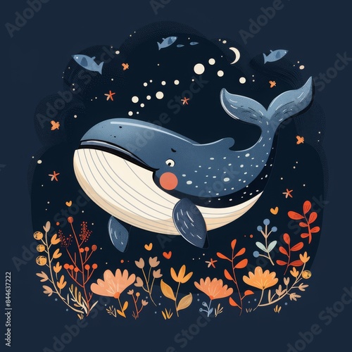 Adorable dark blue whale with white belly, perfect for kids, in a cartoon style.