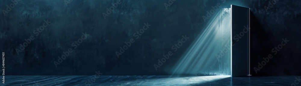 Dark blue minimalist design with open door, letting in bright stream of light symbolizing path to new opportunities. Dark blue minimalist design with open door, letting in bright stream of light symbolizing path to new opportunities.