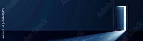 Open door in dark blue with streaming light symbolizing new beginnings and endless possibilities.