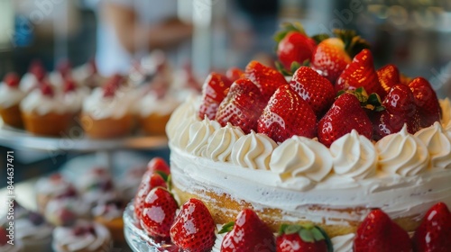 Delicious strawberry cake topped with fresh cream and strawberries, perfect dessert for celebrations and special occasions.