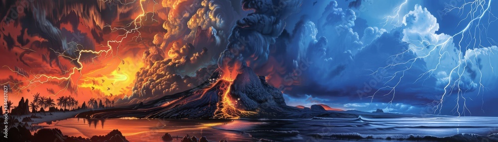 Fiery volcano erupts with molten lava amidst stormy skies of Prussian ...