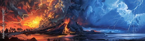 Fiery volcano erupts with molten lava amidst stormy skies of Prussian blue, orange, and mustard. photo