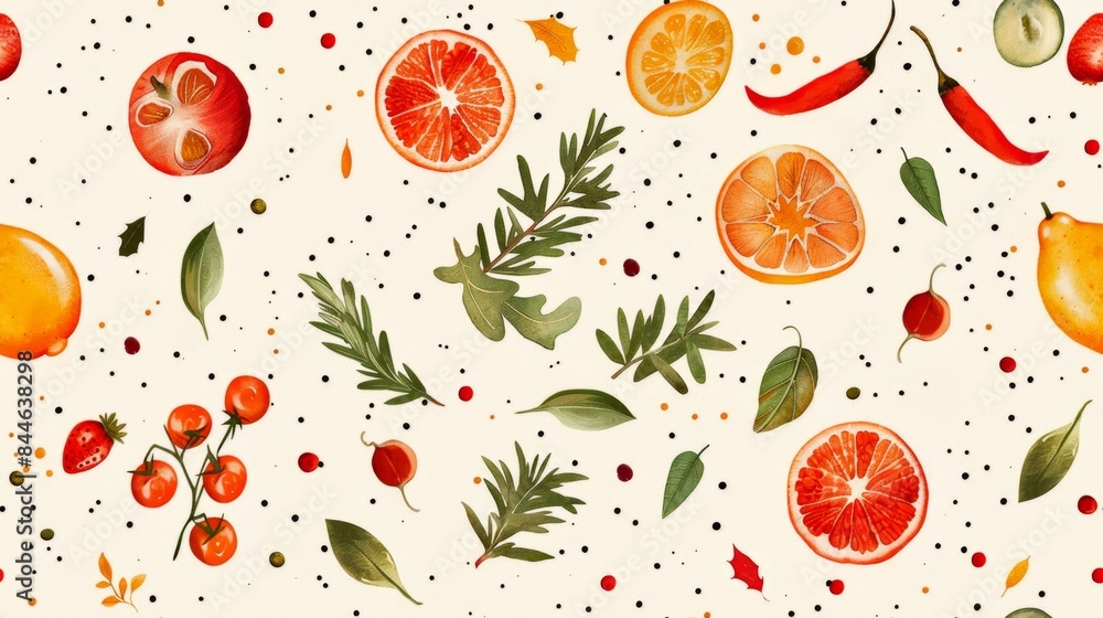 Colorful Fruit and Herb Patterned Background with Citrus and Vegetables. Watercolor style with spring and summer vibes. Ideal for food-themed textiles, wallpapers, or kitchen decor. AI Colorful Fruit and Herb Patterned Background with Citrus and Vegetables. Watercolor style with spring and summer vibes. Ideal for food-themed textiles, wallpapers, or kitchen decor. AI