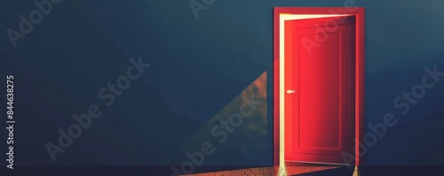 Symbolic doorway against dark blue, radiant light representing new beginnings. Vibrant red, ochre, grapeseed, and off-white color palette.
