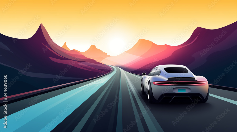 Naklejka premium Illustration in a cartoon style depicting a Electric car driving on a mountain road 