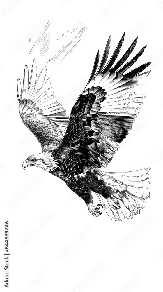 Fototapeta premium Bald eagle flying draw and paint on white background vector illustration