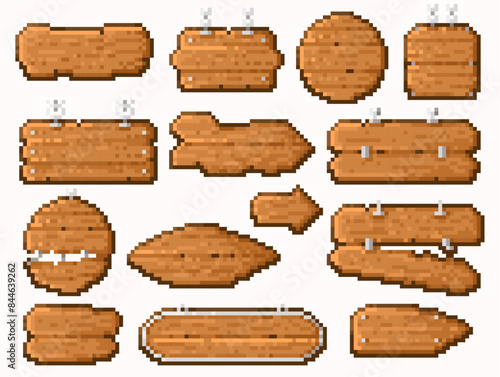 Wooden pixel signs. Retro 8 bit video game board frame, vintage blank banner panel, pixelated wooden panel and signpost. Vector isolated set