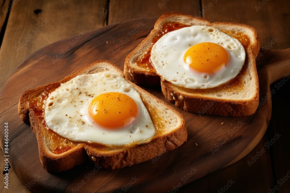 Two crispy toasts with perfectly cooked sunny-side up eggs on a wooden board Two crispy toasts with perfectly cooked sunny-side up eggs on a wooden board