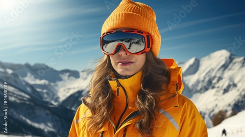 Stylish Woman in Ski Outfit with Mountain Reflections in Goggles