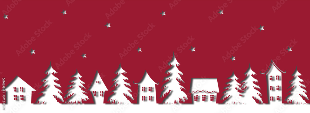 Christmas village. Seamless border. Winter background. Fairy tale winter landscape. White houses, fir trees, stars on red background. PaperCut Out Style. Vector illustration