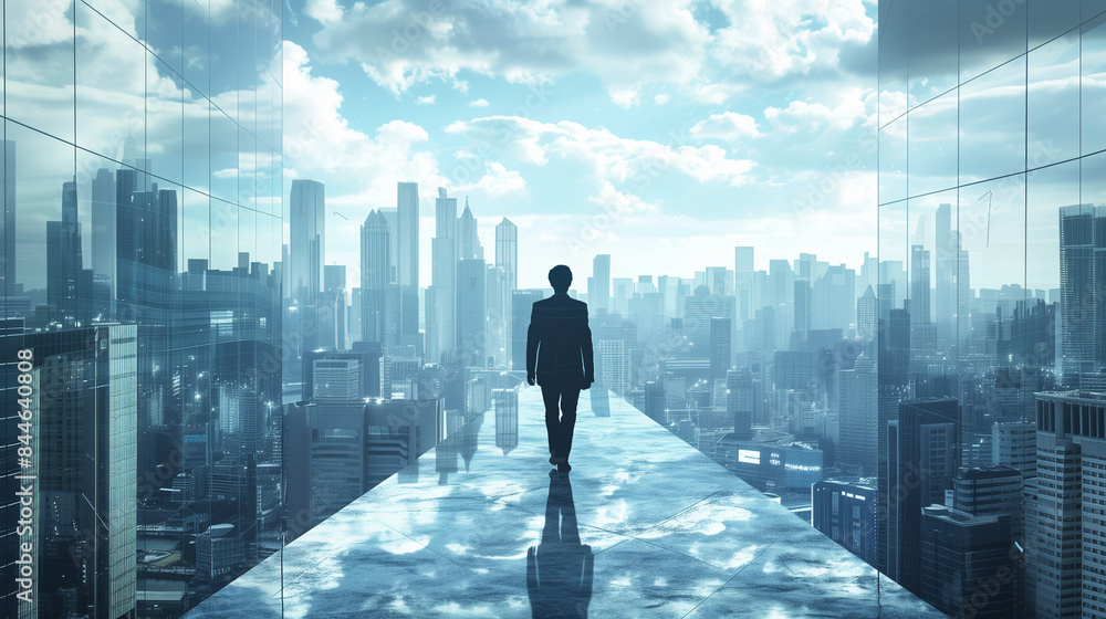 Businessman in futuristic network cityscape, symbolizing innovation and connectivity in modern urban environments. Businessman in futuristic network cityscape, symbolizing innovation and connectivity in modern urban environments.