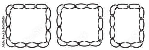Monochrome set different type of metal chains in silhouette style. Seamless shape, for graphic design of logo, emblem, symbol, sign, badge, label, stamp, isolated on white background