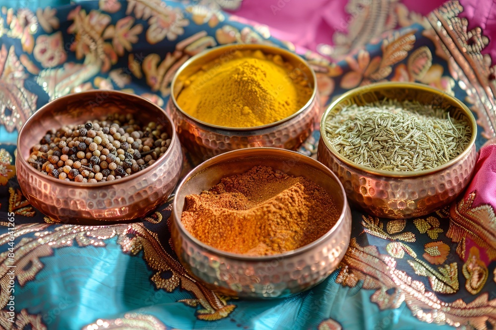 An array of traditional Indian spices, including turmeric, cumin, coriander, and garam masala, are displayed in copper bowls atop a colorful fabric background. Generative AI An array of traditional Indian spices, including turmeric, cumin, coriander, and garam masala, are displayed in copper bowls atop a colorful fabric background. Generative AI