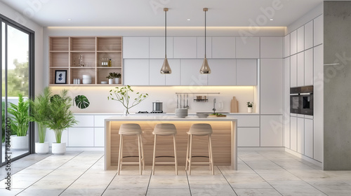 Contemporary Kitchen Interior with Sleek White and Cream Color Scheme  3D Render