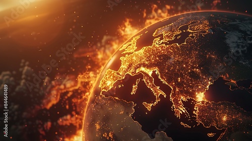 Earth globe under extreme heat from the sun, Europe engulfed in flames and destroyed by fire. Conceptual illustration of global warming, rising temperatures, and climate change disaster.