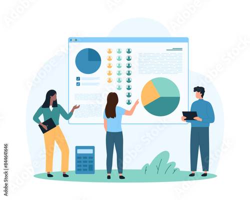 Sociology research, demography, global data analysis by sociologists. Tiny people study infographic pie chart of distribution of society into human groups on survey results cartoon vector illustration