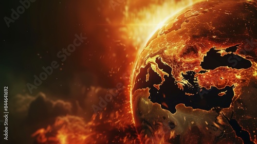 Earth globe under extreme heat from the sun, Europe engulfed in flames and destroyed by fire. Conceptual illustration of global warming, rising temperatures, and climate change disaster.
