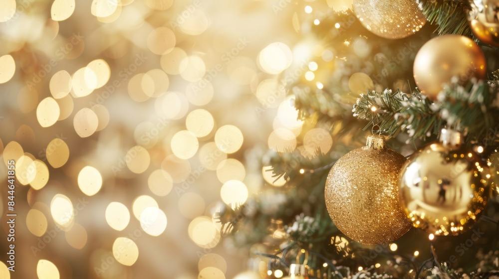 Christmas Tree With gold Baubles close-up against backdrop of golden sparkling Christmas lights Christmas Tree With gold Baubles close-up against backdrop of golden sparkling Christmas lights