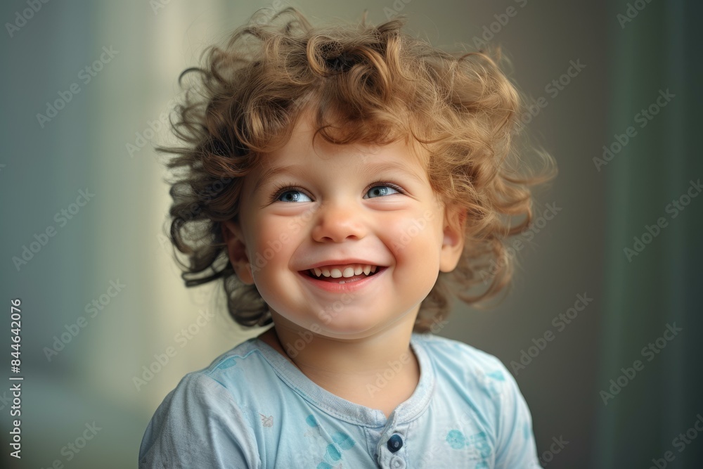 Close-up of a happy little child with curly hair looking away with a bright smile Close-up of a happy little child with curly hair looking away with a bright smile