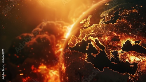 Earth globe under extreme heat from the sun, Europe engulfed in flames and destroyed by fire. Conceptual illustration of global warming, rising temperatures, and climate change disaster.