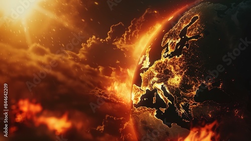 Earth globe under extreme heat from the sun, Europe engulfed in flames and destroyed by fire. Conceptual illustration of global warming, rising temperatures, and climate change disaster.