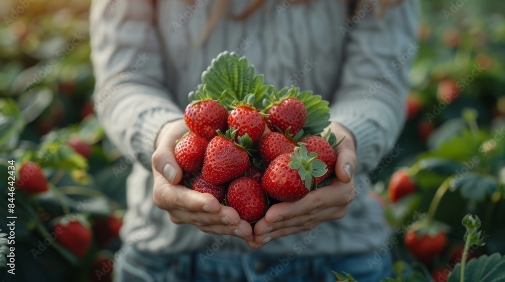 Female holding ripe strawberry in hands. Harvest of fresh juicy strawberry on farm Female holding ripe strawberry in hands. Harvest of fresh juicy strawberry on farm