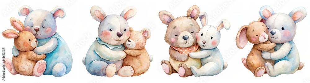 Fototapeta premium Collection of Adorable Watercolor Bears Hugging Plush Bunnies in Various Poses