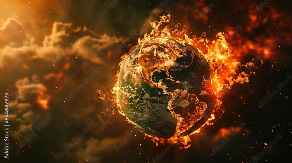 Earth globe under extreme heat from the sun, Europe engulfed in flames and destroyed by fire. Conceptual illustration of global warming, rising temperatures, and climate change disaster. Earth globe under extreme heat from the sun, Europe engulfed in flames and destroyed by fire. Conceptual illustration of global warming, rising temperatures, and climate change disaster.