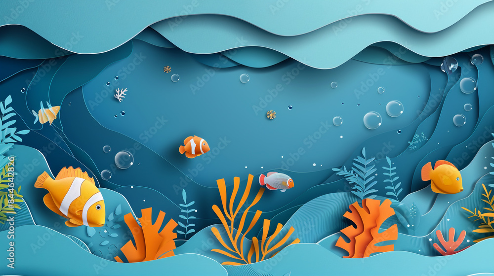 Fish and corals theme wallpaper in layered paper cut style.
Fish and corals theme wallpaper in layered paper cut style.