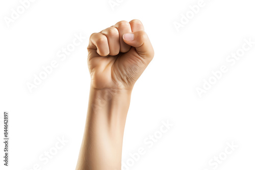 A raised fist against a black background, symbolizing power, strength, and defiance.