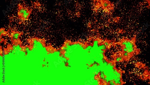 red and yellow fire effect video element for composite footage with green background and mask in alpha channel. The frame for trailer, title, opener video footage.