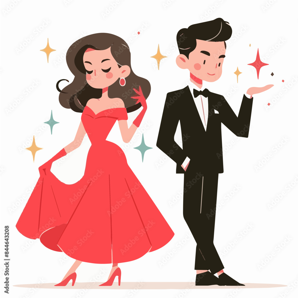 Vector of elegant couple, man and woman, woman in red dress, man in black suit. Cartoon characters Vector of elegant couple, man and woman, woman in red dress, man in black suit. Cartoon characters