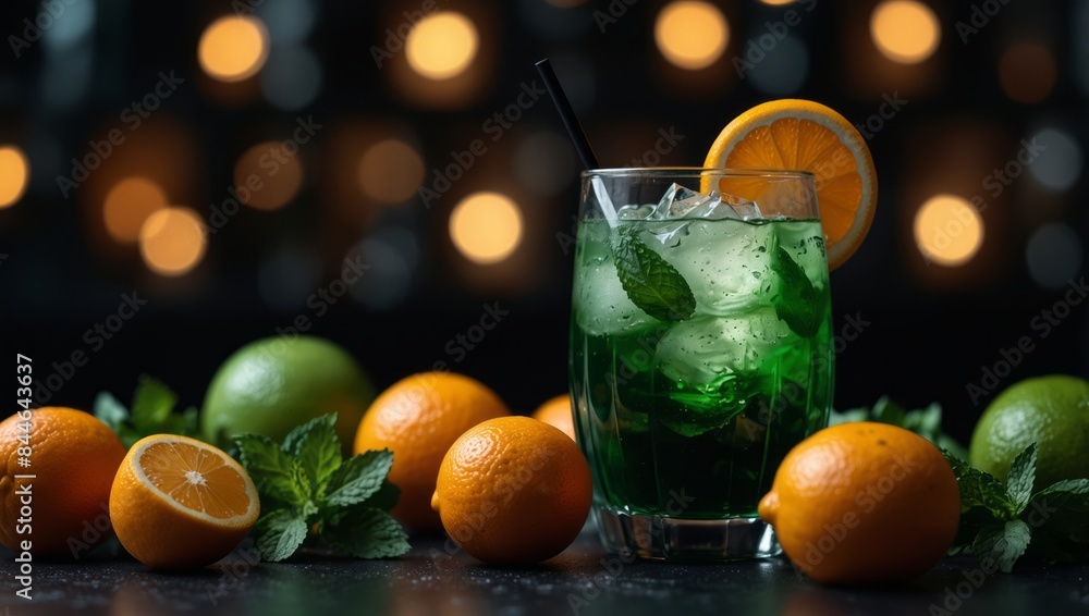 A green drink in a glass, surrounded by oranges, mint, and ice cubes on a black surface. A green drink in a glass, surrounded by oranges, mint, and ice cubes on a black surface.