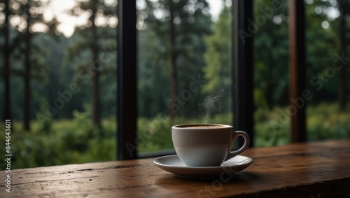 A cup of coffee rests on a wooden table, overlooking a forest landscape through a window.