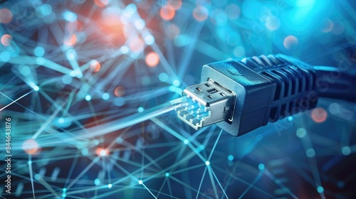 Fiber optics network cable on technology background